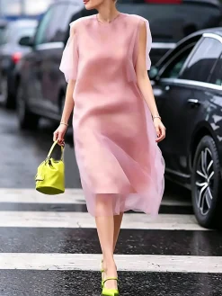 Elegant Plain Crew Neck Midi Dress