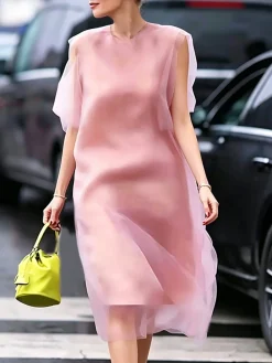 Elegant Plain Crew Neck Midi Dress