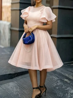 Elegant Plain Crew Neck Midi Dress