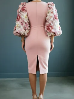 Elegant Plain Crew Neck Midi Three Quarter Sleeve Dress