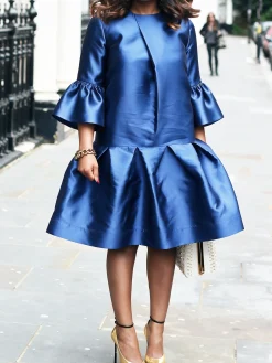 Elegant Plain Crew Neck Three Quarter Sleeve Midi Dress