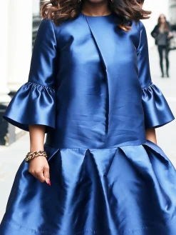 Elegant Plain Crew Neck Three Quarter Sleeve Midi Dress