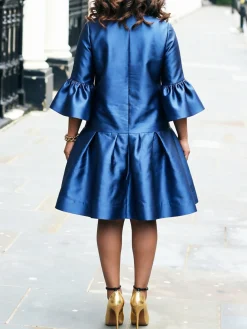 Elegant Plain Crew Neck Three Quarter Sleeve Midi Dress