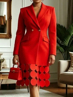 Elegant Plain Devore Lapel Collar Midi Dress