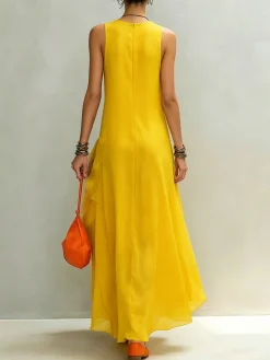 Elegant Plain 3D Floral Crew Neck Maxi Dress