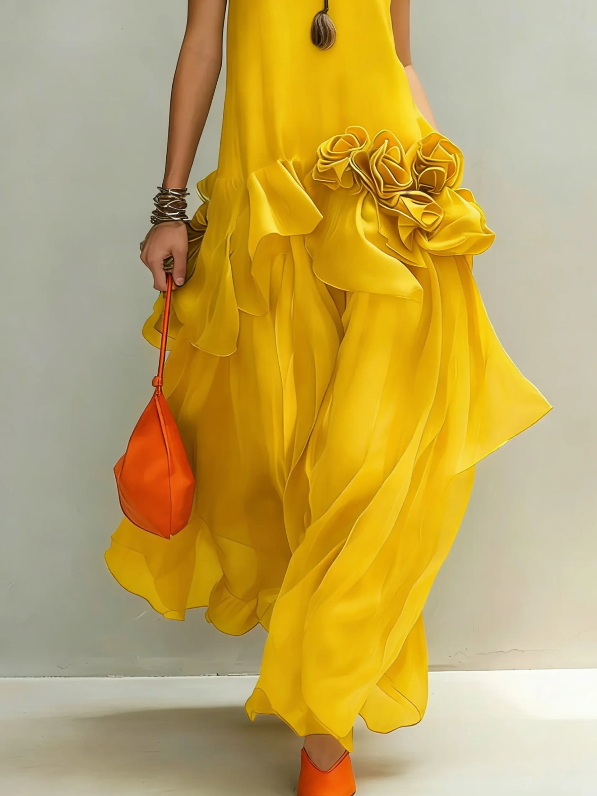 Elegant Plain 3D Floral Crew Neck Maxi Dress