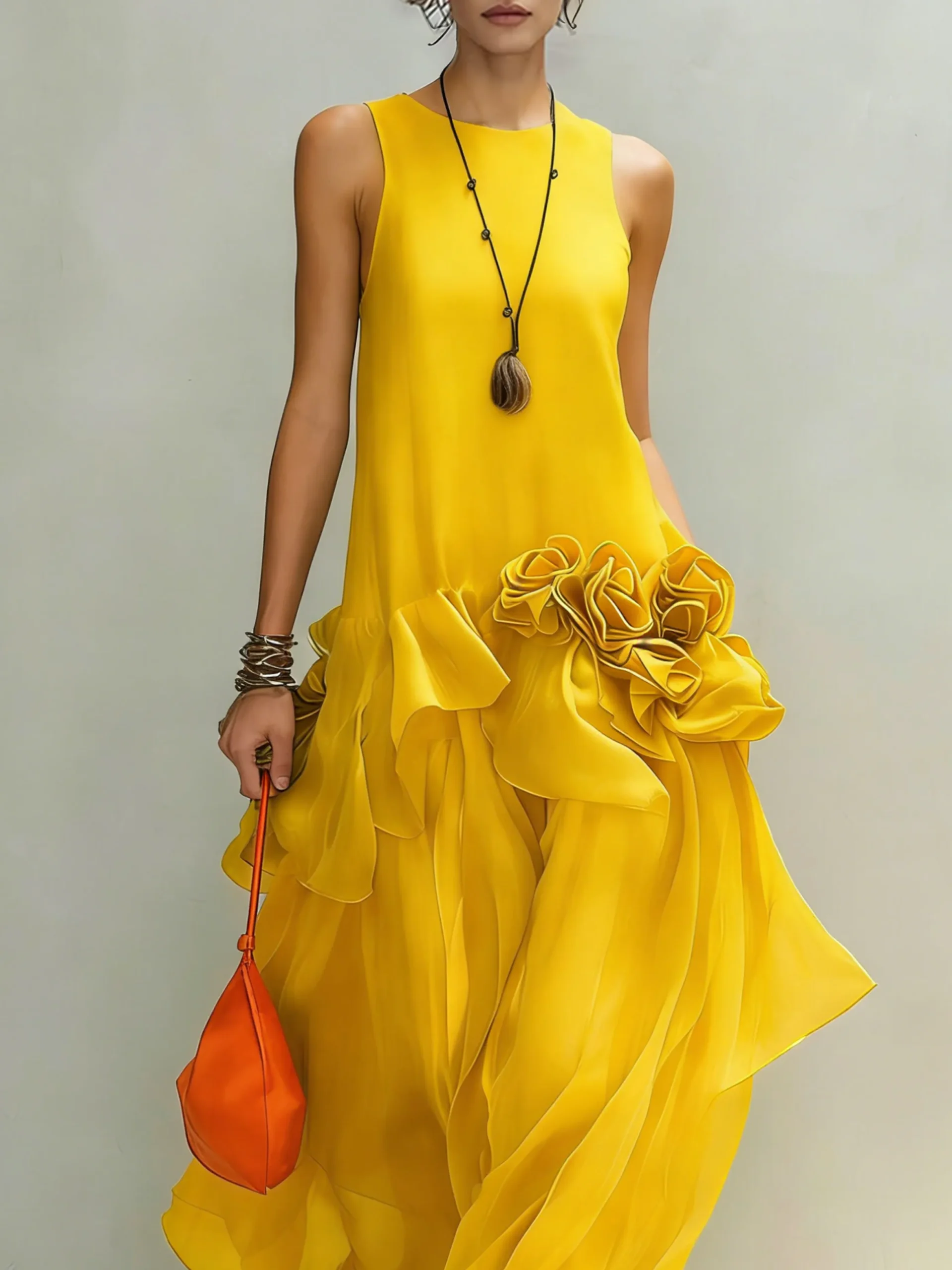 Elegant Plain 3D Floral Crew Neck Maxi Dress