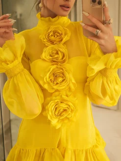 Elegant Plain 3D Floral Lotus Leaf Collar Ruffle Sleeve Blouse
