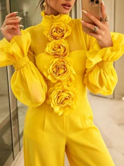 Elegant Plain 3D Floral Lotus Leaf Collar Ruffle Sleeve Blouse