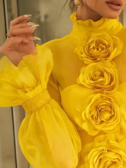 Elegant Plain 3D Floral Lotus Leaf Collar Ruffle Sleeve Blouse