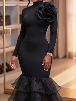 Elegant Plain 3D Floral Mock Neck Maxi Dress