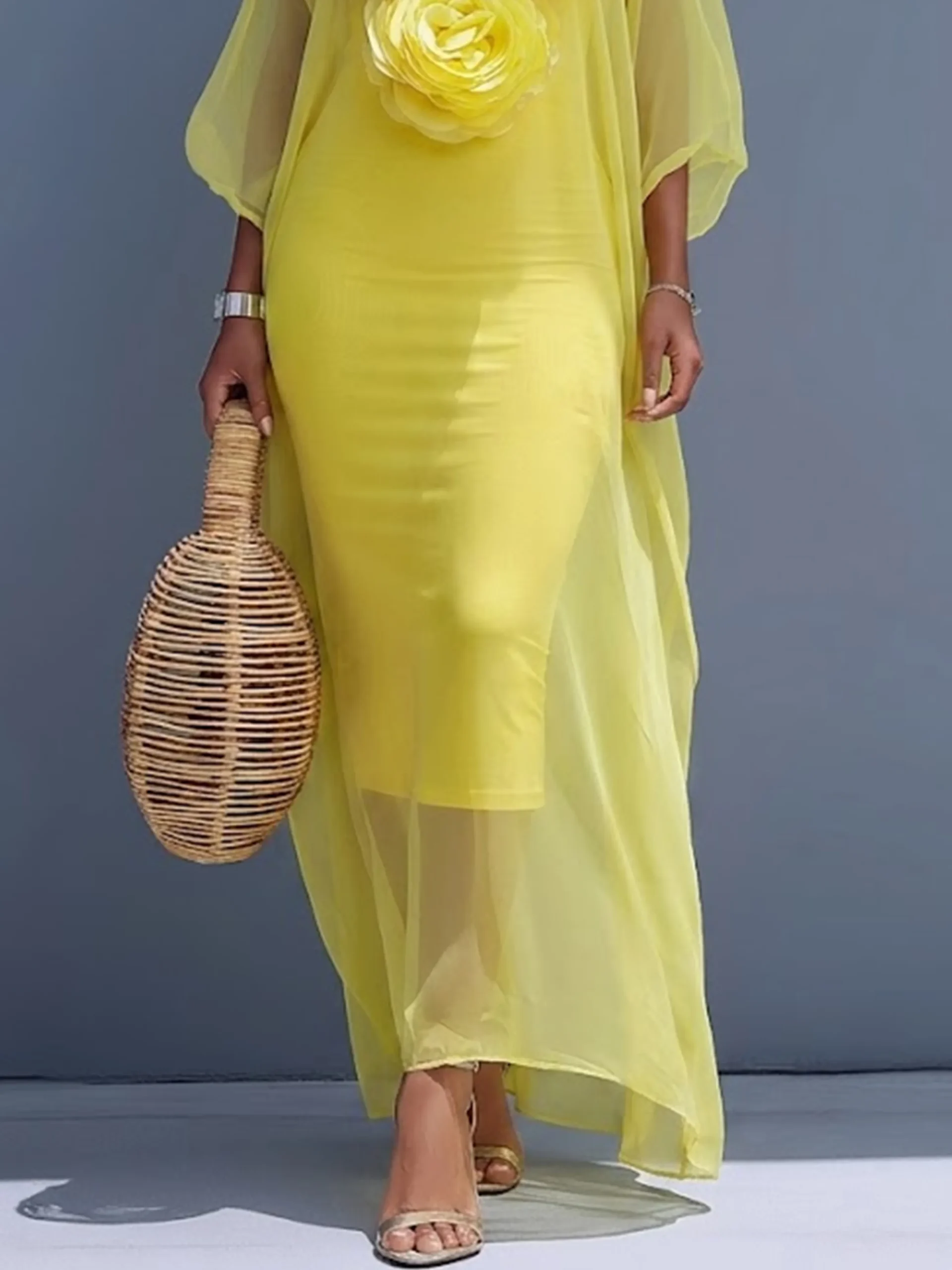 Elegant Plain 3D Floral V Neck Maxi Dress