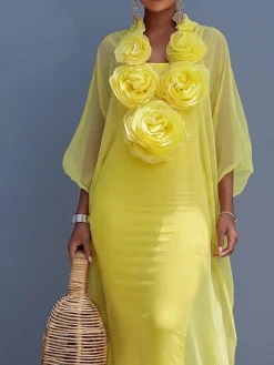 Elegant Plain 3D Floral V Neck Maxi Dress
