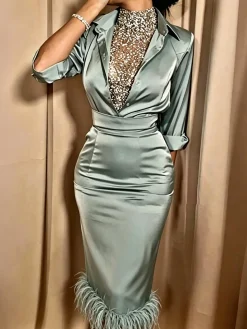 Elegant Plain Feather-trimmed Shirt Collar Midi Dress