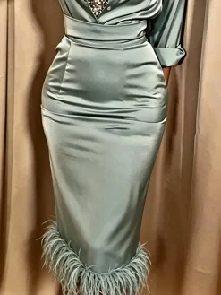 Elegant Plain Feather-trimmed Shirt Collar Midi Dress