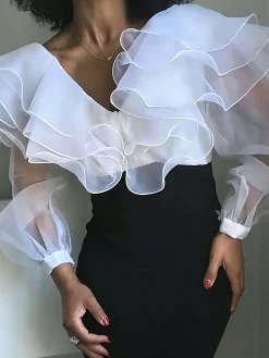 Elegant Plain Folds V Neck Blouse
