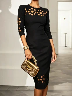 Elegant Plain Hollow Out Crew Neck Midi Dress