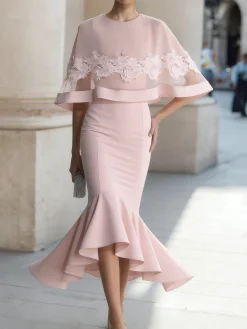Elegant Plain Irregular Craftsmanship Crew Neck Midi Dress