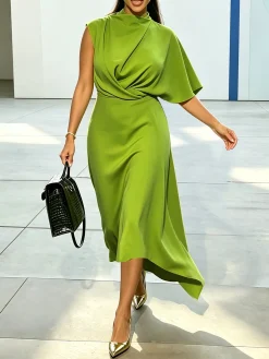 Elegant Plain Irregular Craftsmanship Boat Neck Maxi Dress