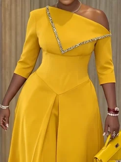 Elegant Plain Irregular Craftsmanship Asymmetrical Midi Dress