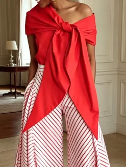 Elegant Plain Knot Front Asymmetrical Blouse