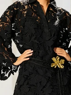 Elegant Plain Lace Blouse With Belt