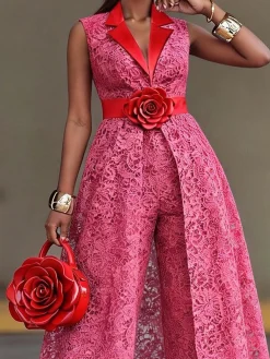 Elegant Plain Lapel Collar Vest With 3D Floral Belt