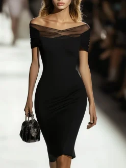Elegant Plain Mesh Split Joint Cold Shoulder Knee Length Dress