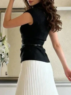 Elegant Plain Mock Neck Sweater With Belt