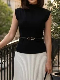 Elegant Plain Mock Neck Sweater With Belt