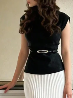 Elegant Plain Mock Neck Sweater With Belt