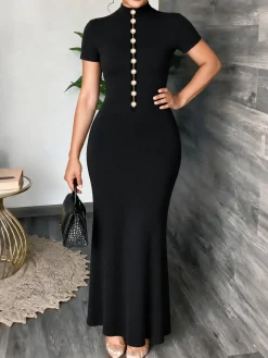 Elegant Plain Pearl Stand Collar Maxi Dress