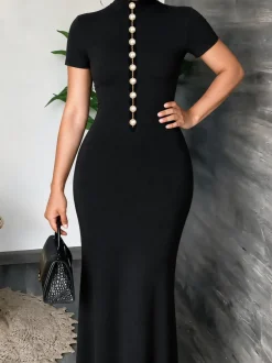 Elegant Plain Pearl Stand Collar Maxi Dress