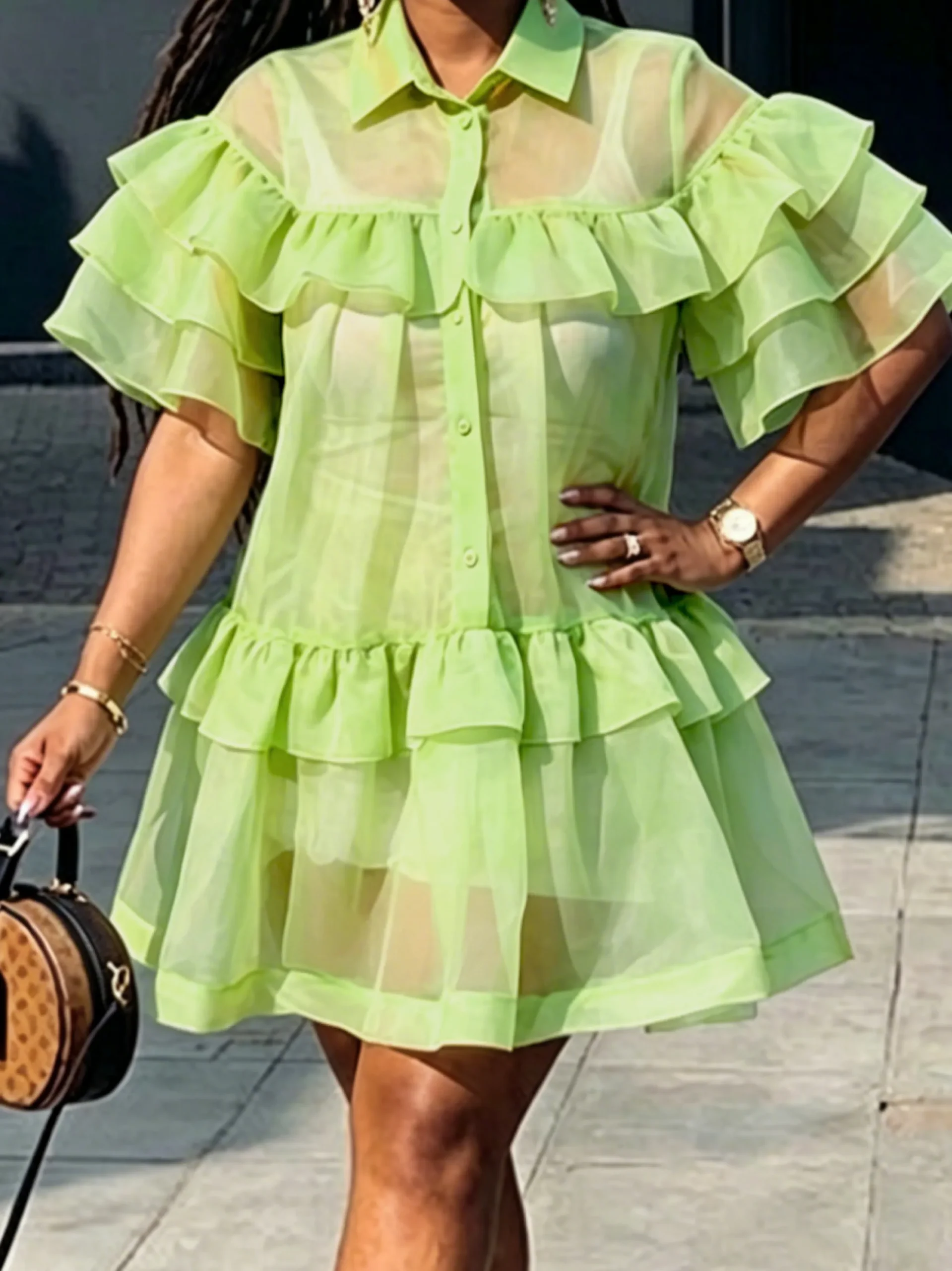 Elegant Plain Peplum Knee Length Dress With an Underlayer