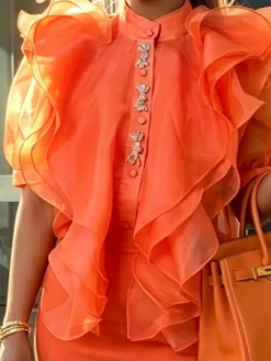 Elegant Plain Peplum Mock Neck Shirt