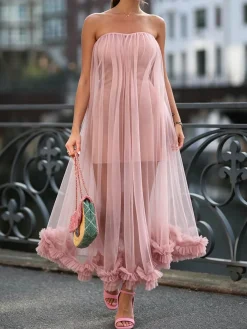 Elegant Plain Peplum Strapless Maxi Dress