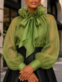 Elegant Plain Peplum Tie Neck Balloon Sleeve Blouse
