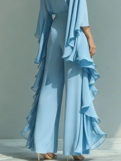 Elegant Plain Peplum Wide Leg Pants