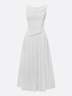 Elegant Plain Pleated Cowl Neck Midi Dress