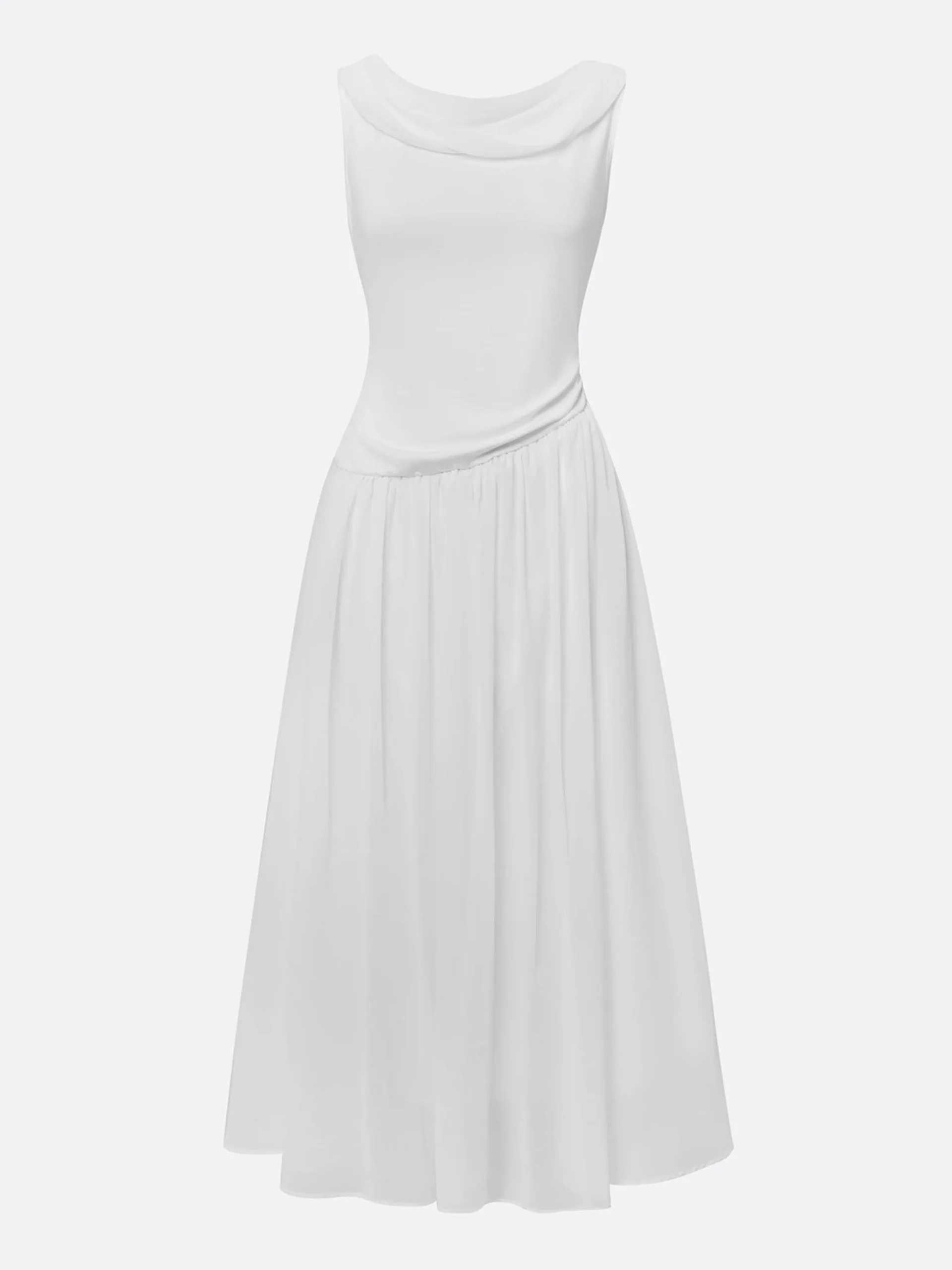 Elegant Plain Pleated Cowl Neck Midi Dress