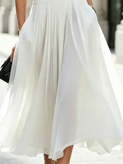 Elegant Plain Pleated Cowl Neck Midi Dress