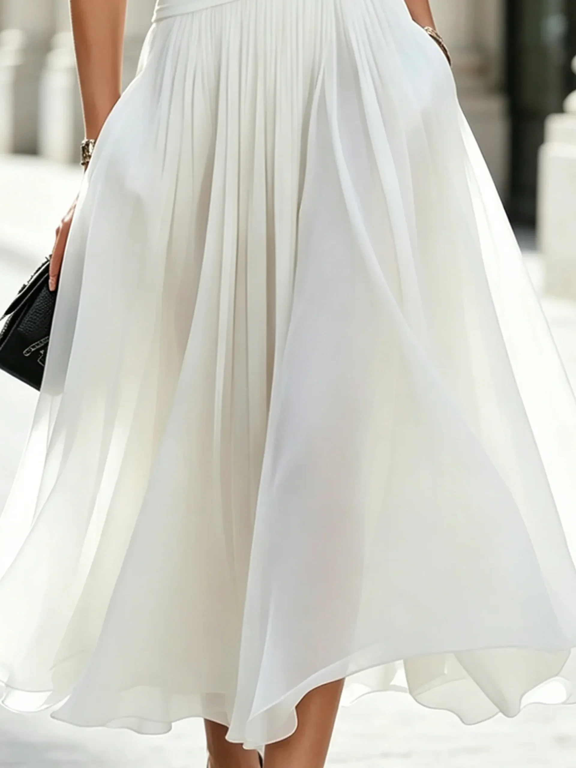 Elegant Plain Pleated Cowl Neck Midi Dress