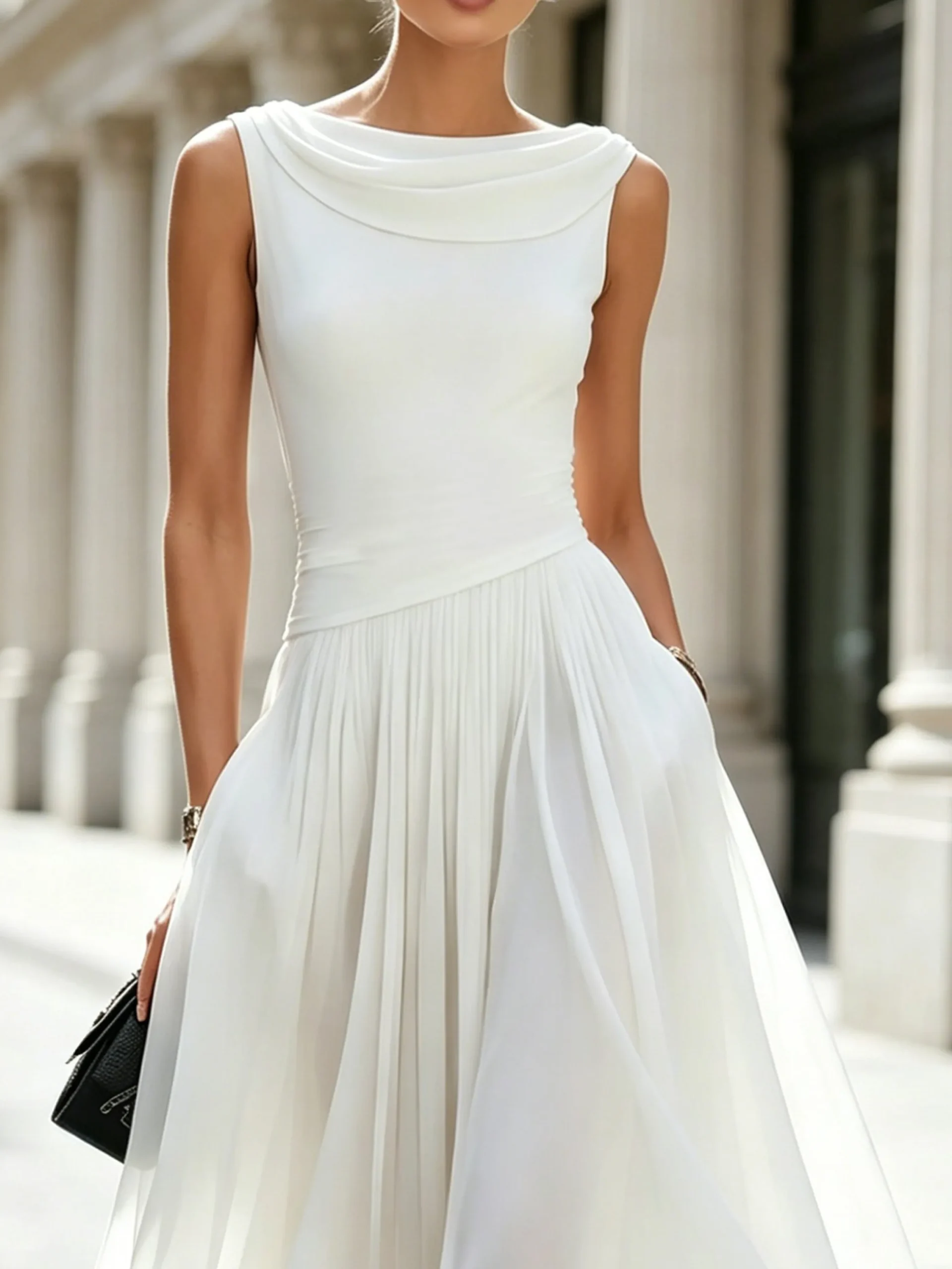 Elegant Plain Pleated Cowl Neck Midi Dress
