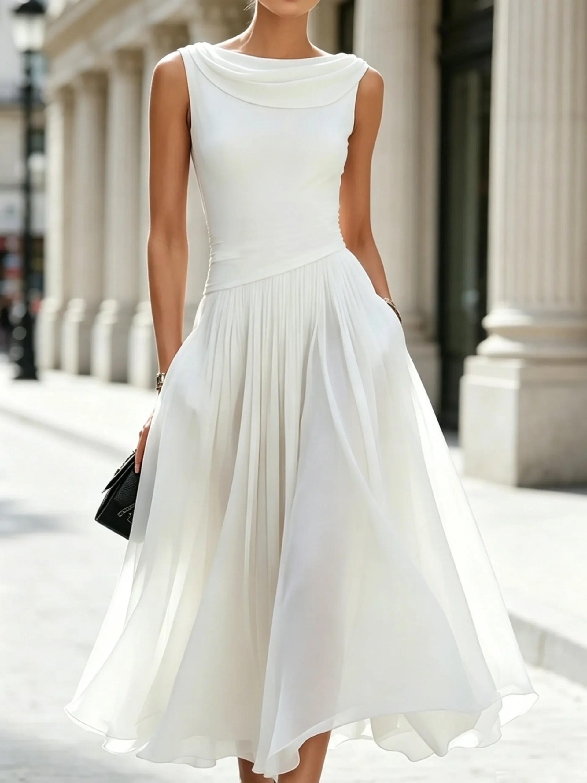 Elegant Plain Pleated Cowl Neck Midi Dress