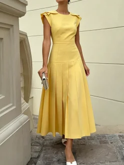Elegant Plain Pleated Crew Neck Maxi Dress