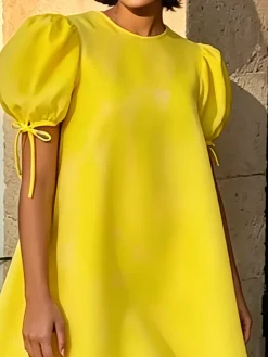 Elegant Plain Puff Sleeve Midi Dress