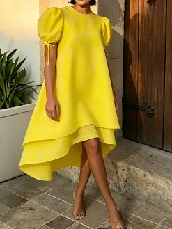 Elegant Plain Puff Sleeve Midi Dress