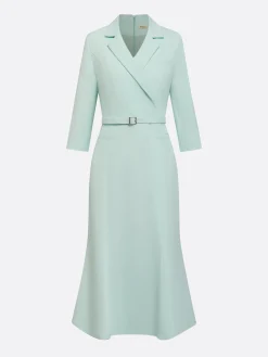 Elegant Plain Regular Sleeve Lapel Collar Midi Dress Belt