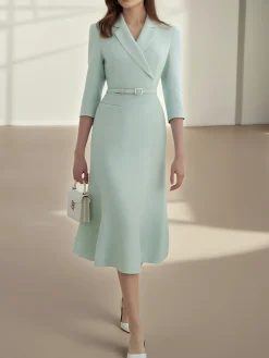 Elegant Plain Regular Sleeve Lapel Collar Midi Dress Belt