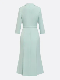 Elegant Plain Regular Sleeve Lapel Collar Midi Dress Belt